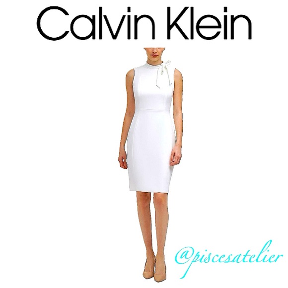 Calvin Klein Tie-Neck Scuba-Crepe Sheath Dress in White, Women’s Size 2 - Picture 2 of 9